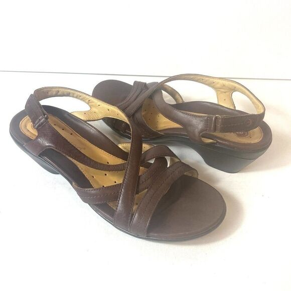 Clarks Unstructured Heel Sandals Women 10M Brown Leather Slip On Sling Back Open - Picture 2 of 12